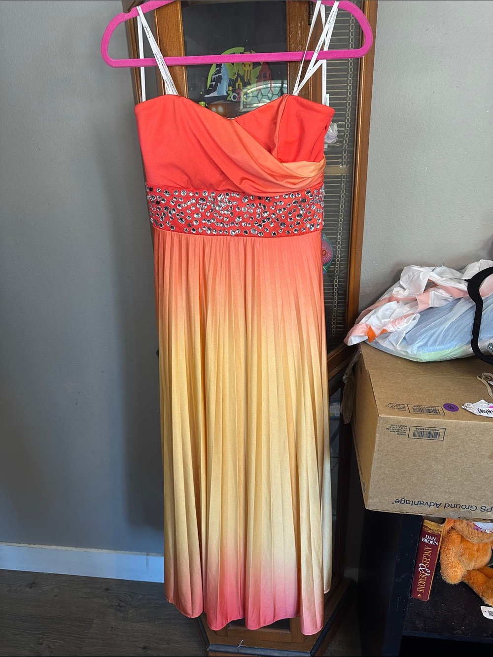 Xtraordinary Coral to Cream Ombre Beaded Strapless Maxi Dress